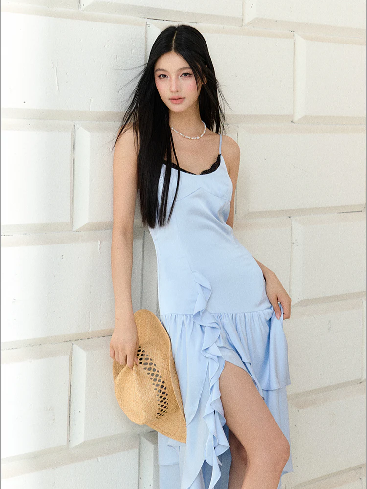 Blue Satin Lace Trim Dress