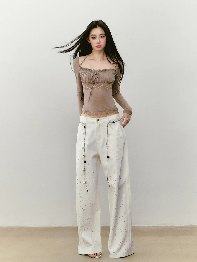 Lace Panel Beaded Acetate T-shirt