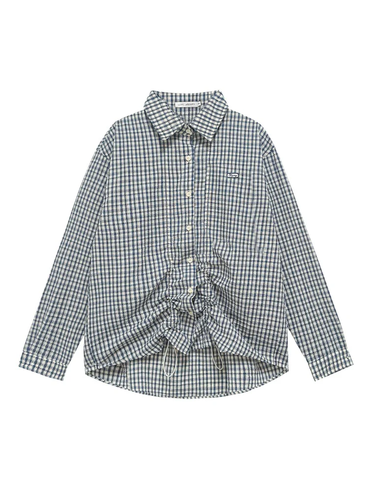 Checkered Contrast Hem Drawstring Pleated Shirt