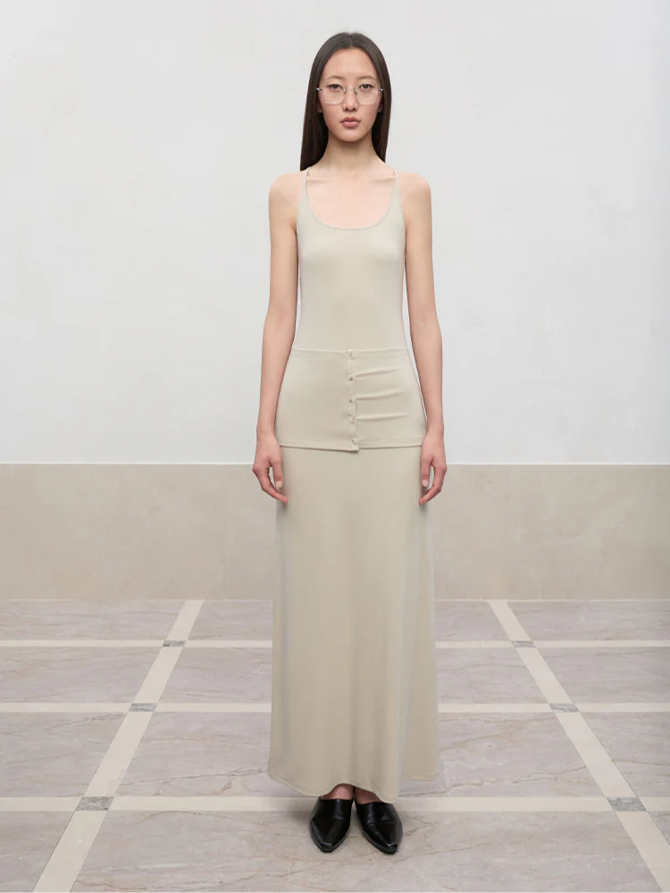 Deep U-Neck Button-Strapped Dress