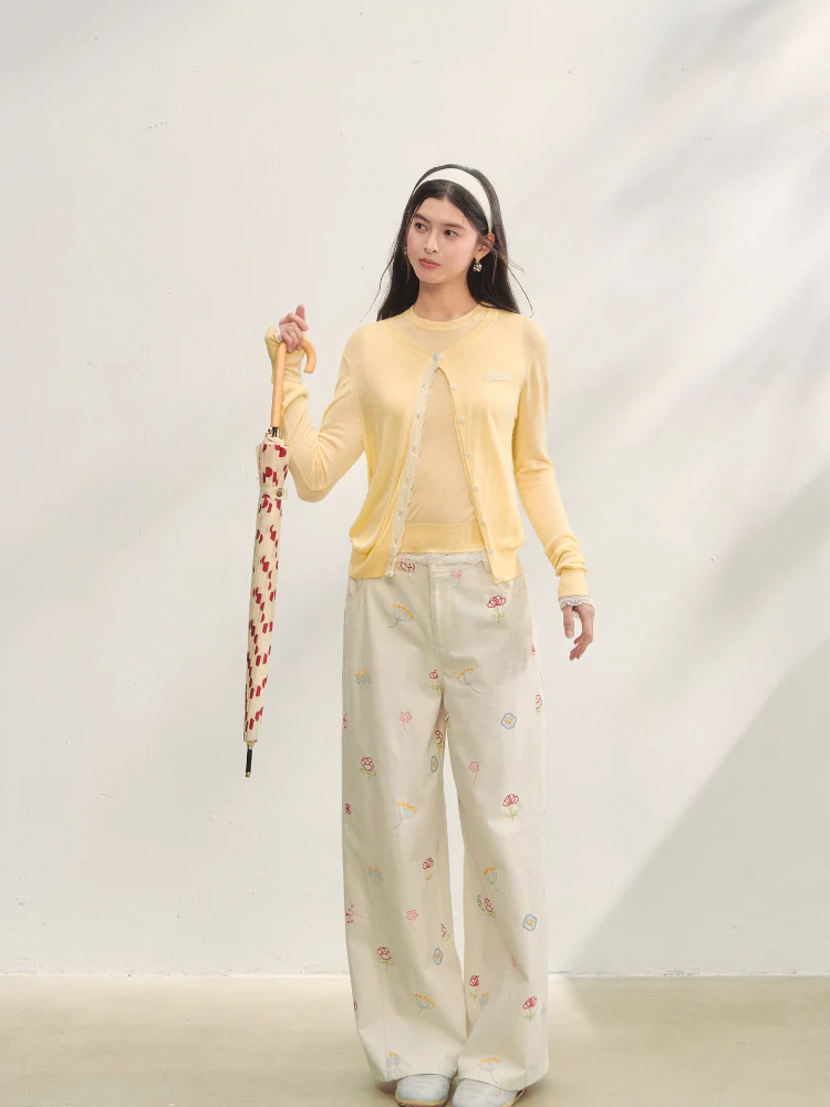 Lace Trimmed Crew Neck Knitted Cardigan Set