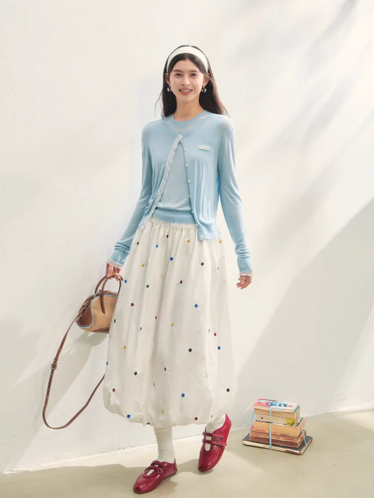 Lace Trimmed Crew Neck Knitted Cardigan Set