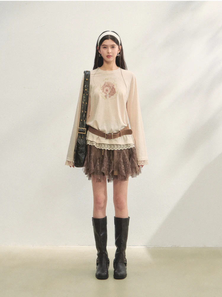 Lace Panel Animal Print Long-Sleeve Tee