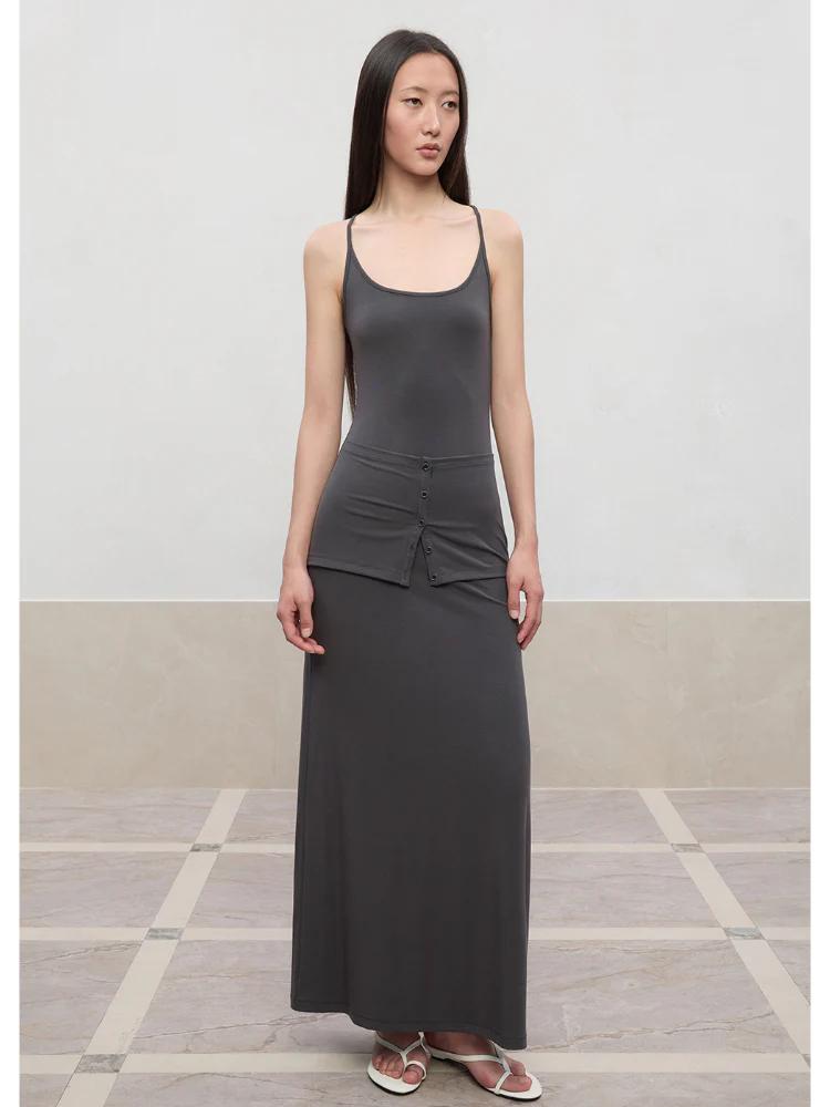 Deep U-Neck Button-Strapped Dress