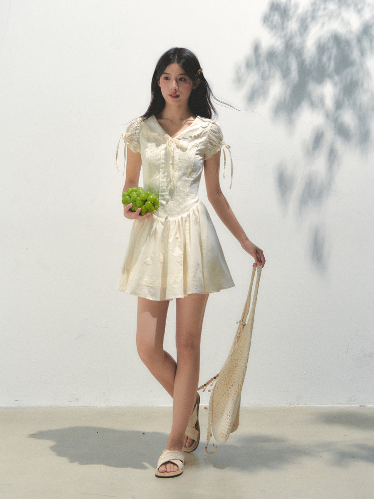 Embroidered Shirt-Collar Tea-Break Dress