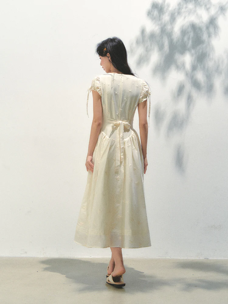 Embroidered Shirt-Collar Tea-Break Dress