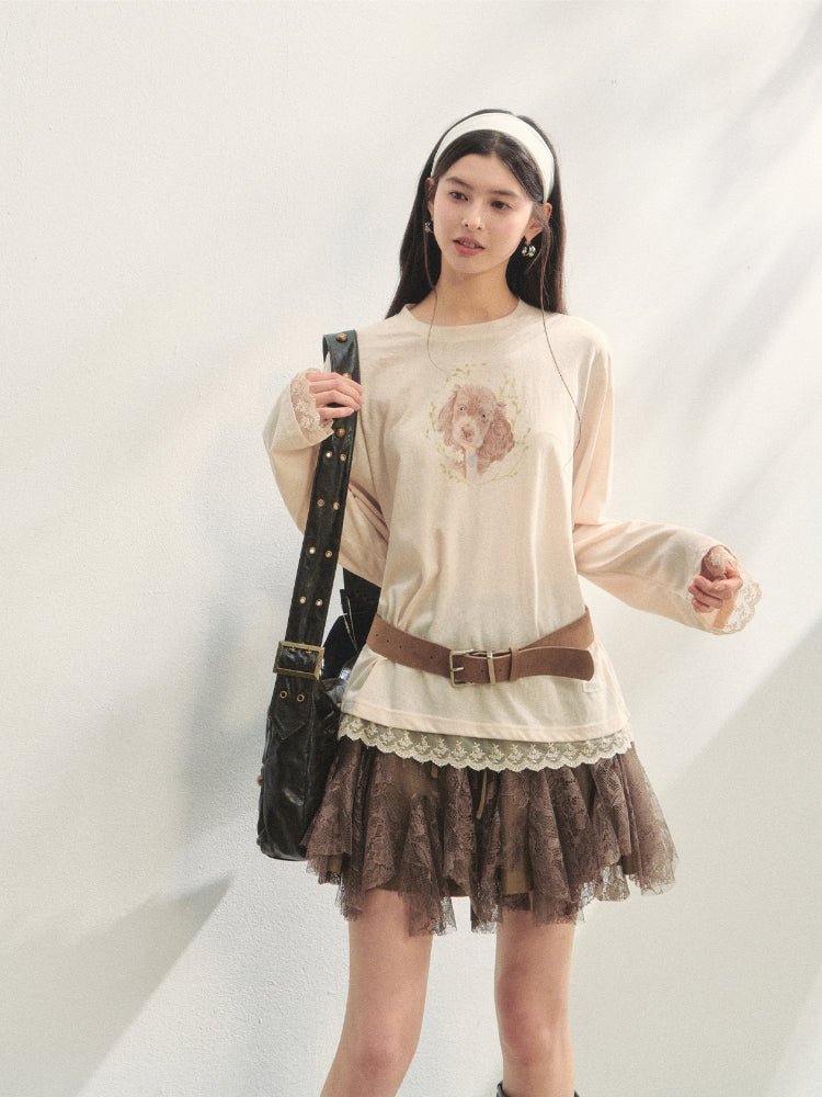 Lace Panel Animal Print Long-Sleeve Tee