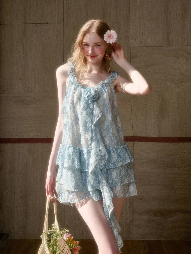 Lace Flower Ruffle Camisole Dress