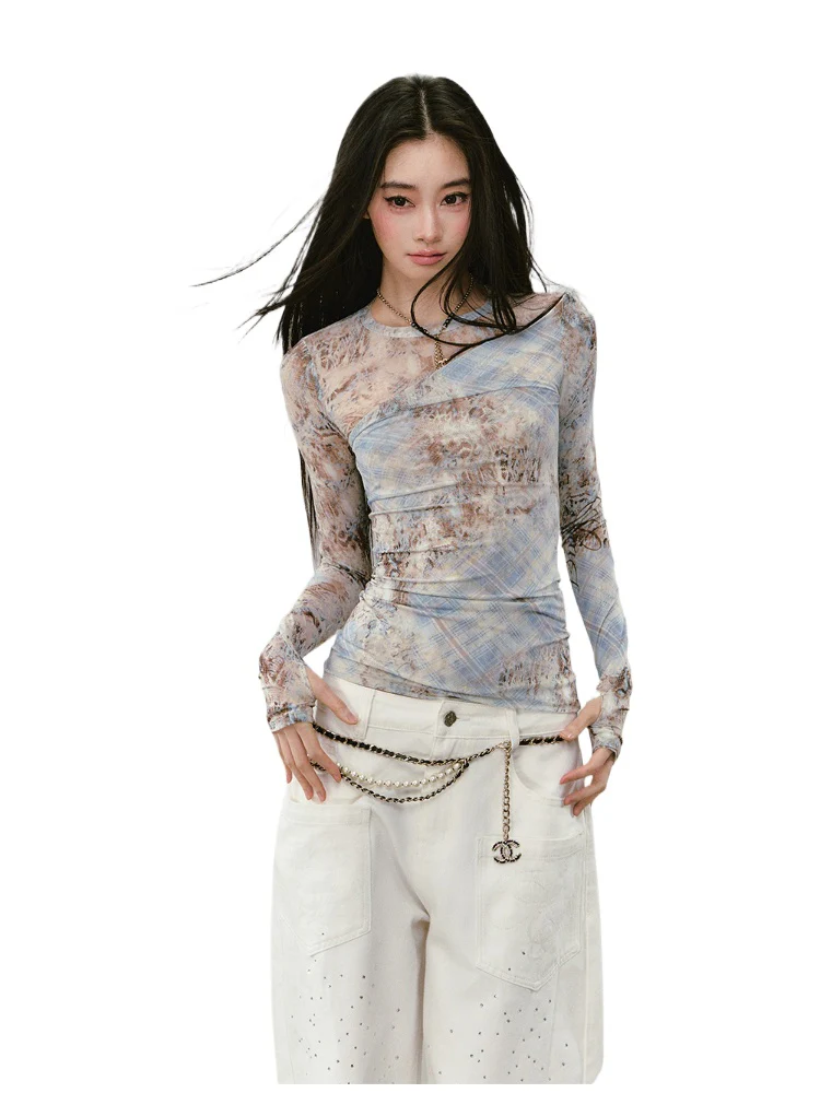 Printed Mesh Contrast-colored Long-sleeve T-shirt