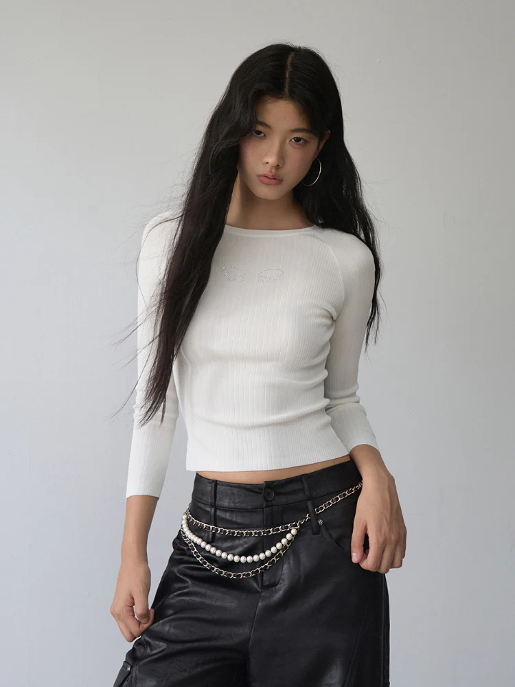 Rhinestone Heart Wings Slim Long-sleeved T-shirt