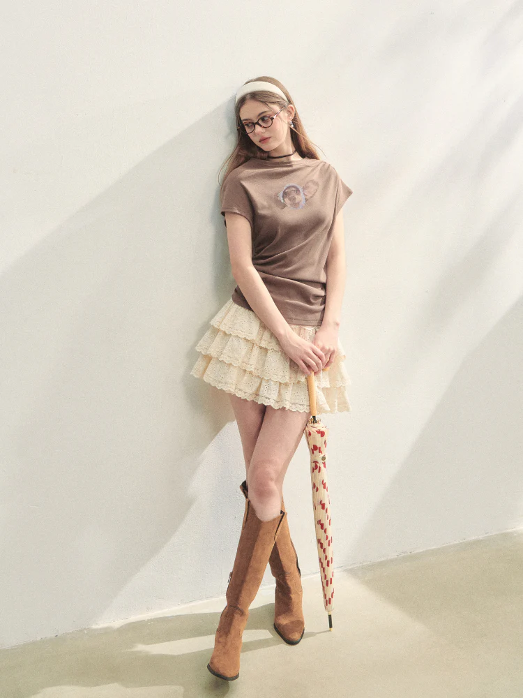 Elastic Pleated Crew Neck T-shirt