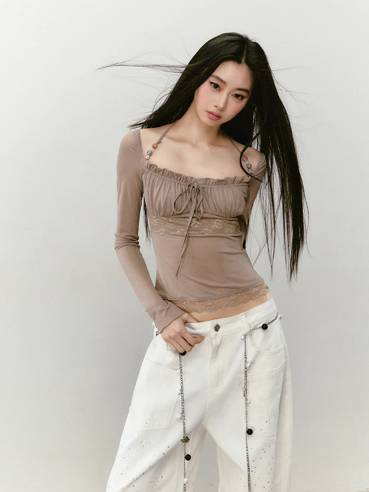 Lace Panel Beaded Acetate T-shirt