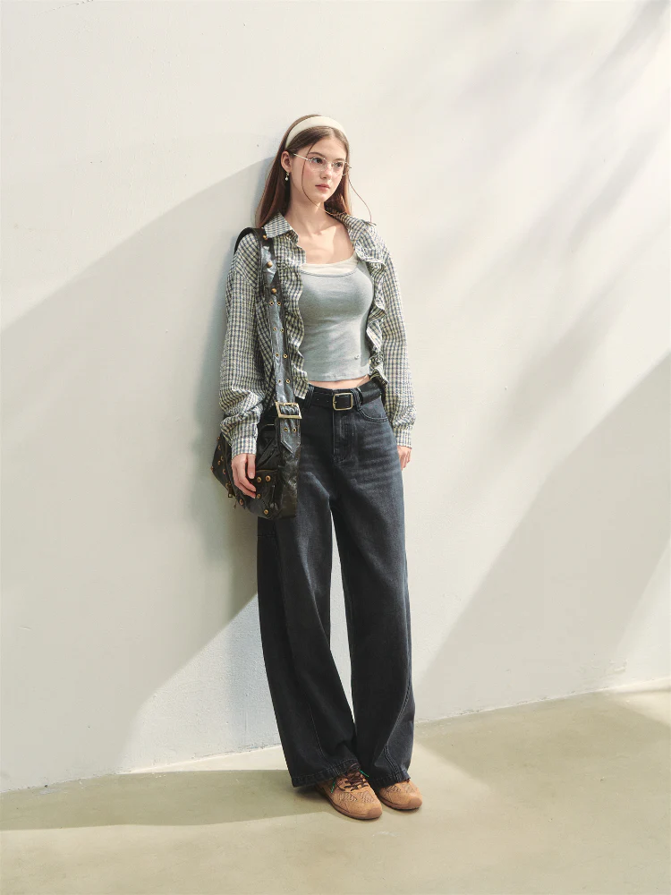 Checkered Contrast Hem Drawstring Pleated Shirt