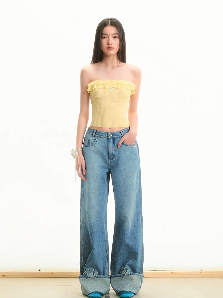 Transparent Rhinestone Straight-Leg Jeans