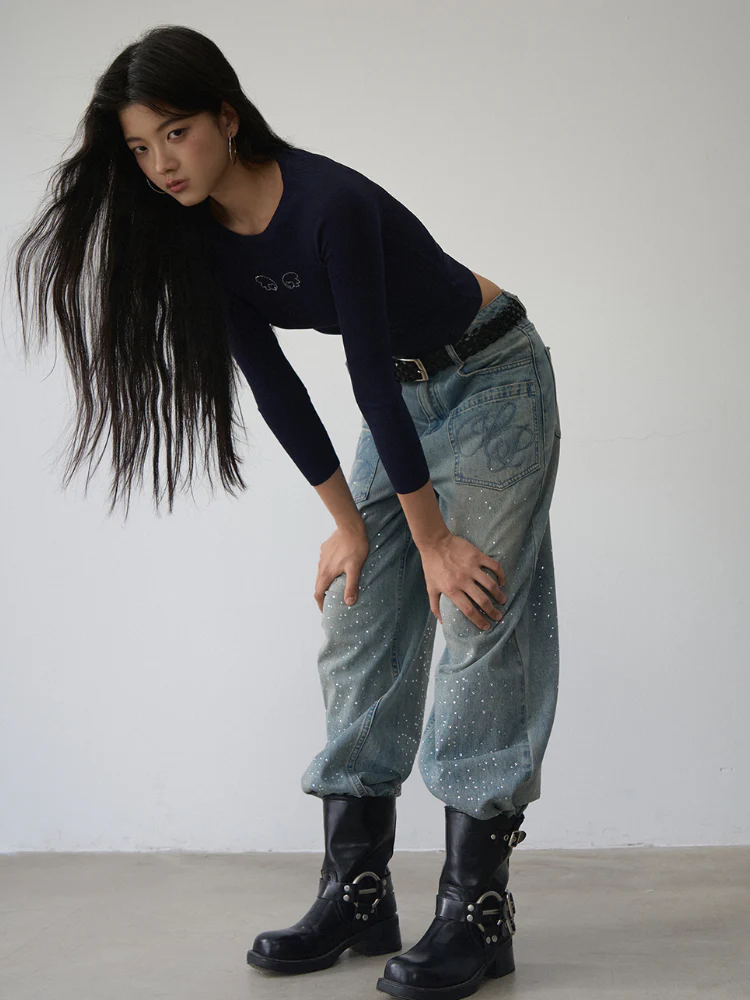 Rhinestone Heart Wings Slim Long-sleeved T-shirt