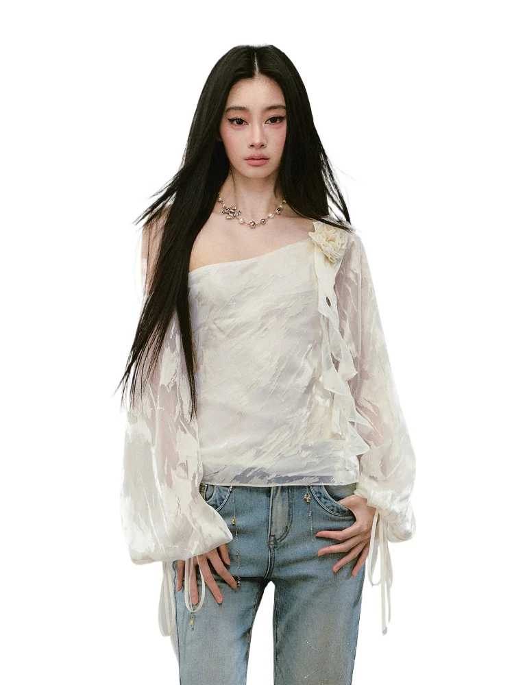 Irregular Slant Shoulder Lantern Sleeve T-shirt