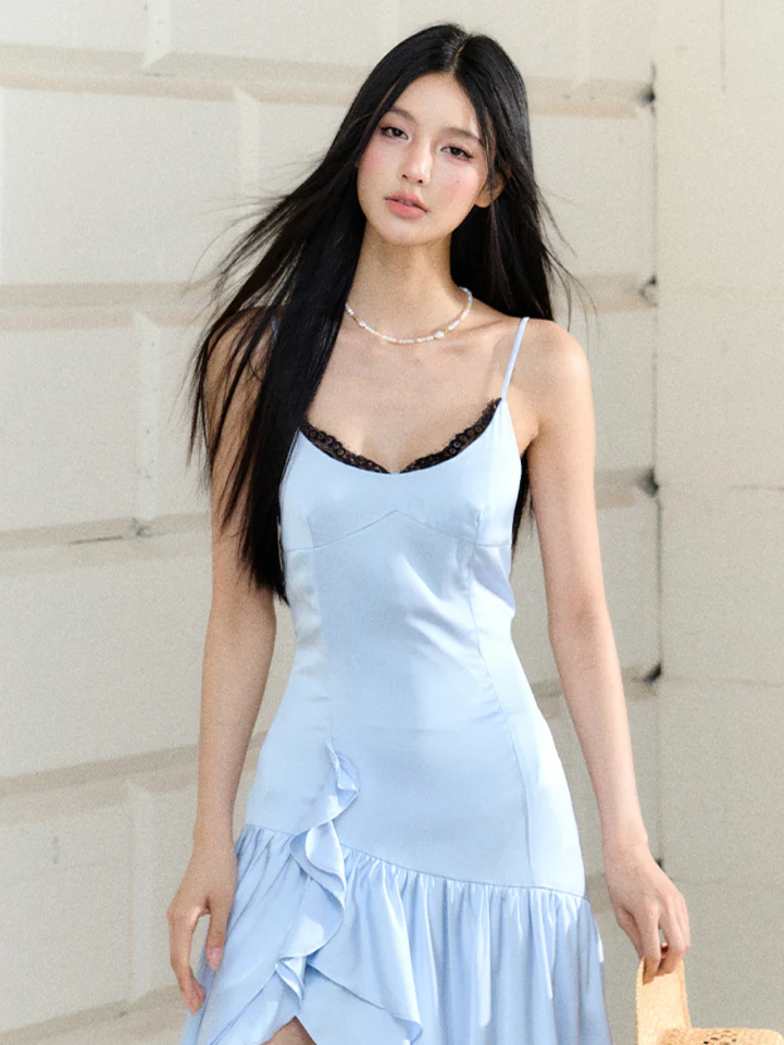 Blue Satin Lace Trim Dress