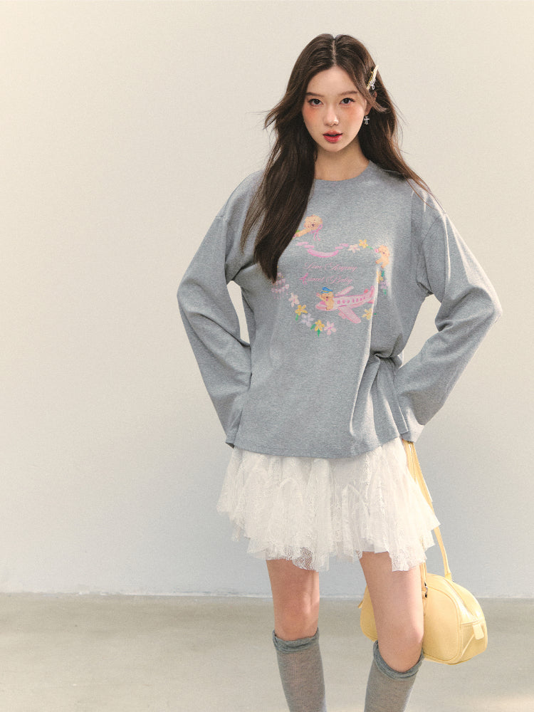 Crew Neck Dog Print Long-Sleeve Tee