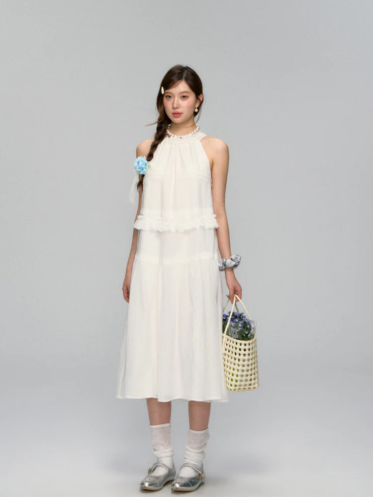 Halter Off-shoulder Lace-trimmed Dress