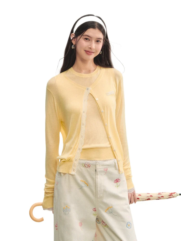 Lace Trimmed Crew Neck Knitted Cardigan Set