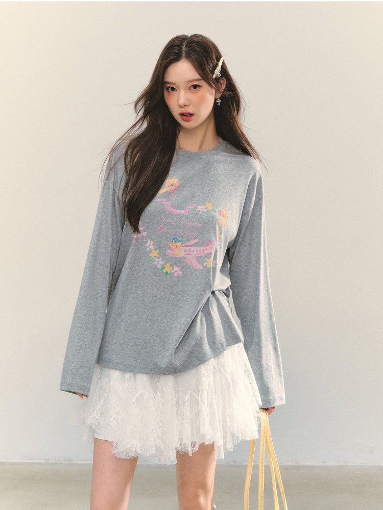 Crew Neck Dog Print Long-Sleeve Tee