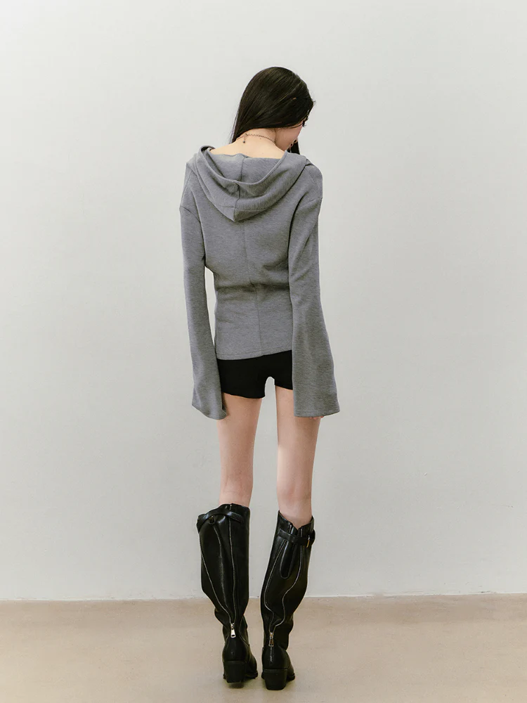 Flared Sleeve Waist-cinched Hooded Jacket