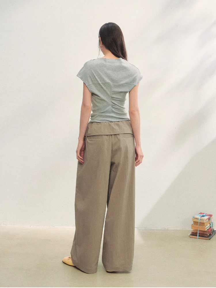 Elastic Pleated Crew Neck T-shirt