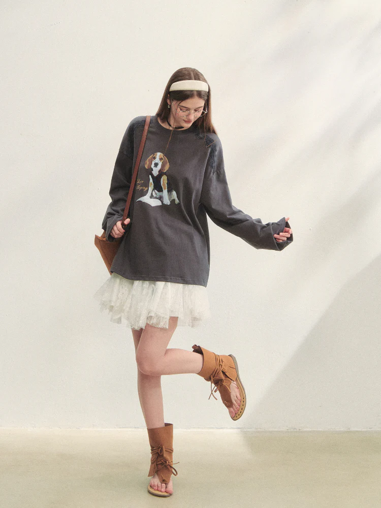 Lace Panel Dog Print Crew Neck Tee