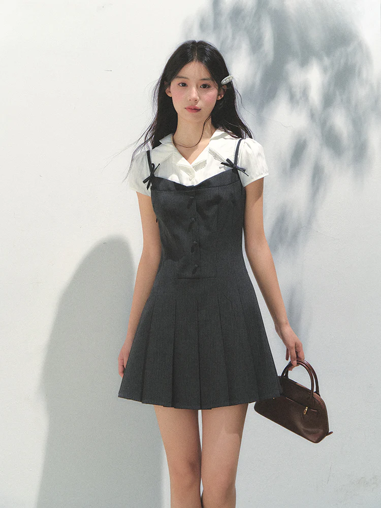 Academy Style Fake Two-piece Pleated Dress