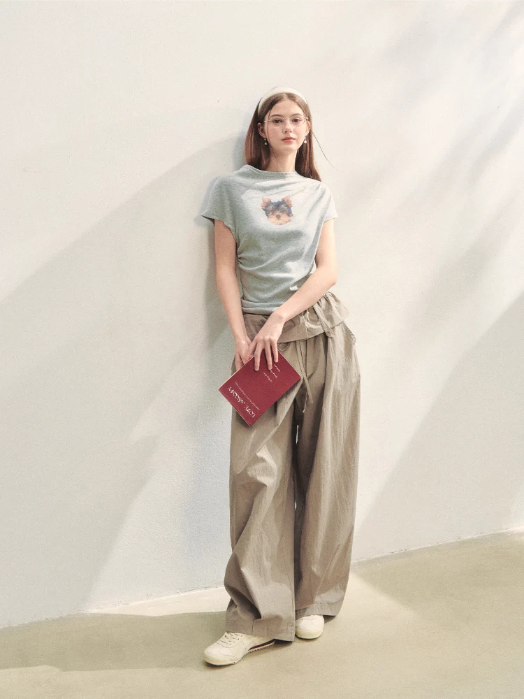 Elastic Pleated Crew Neck T-shirt