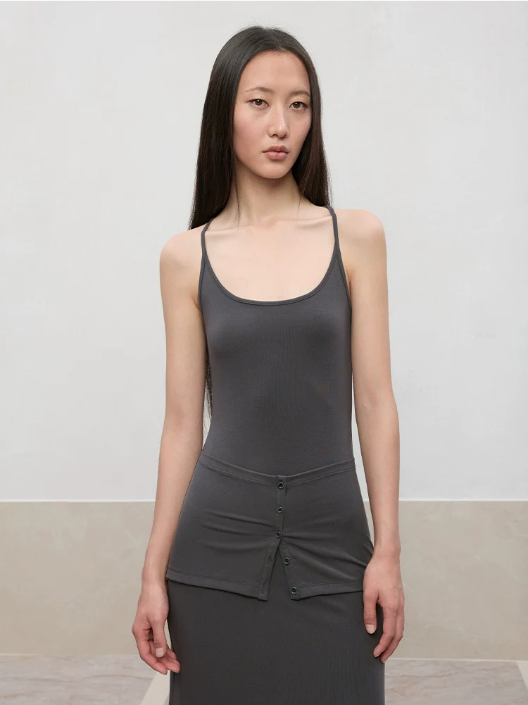 Deep U-Neck Button-Strapped Dress