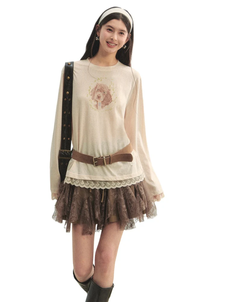 Lace Panel Animal Print Long-Sleeve Tee