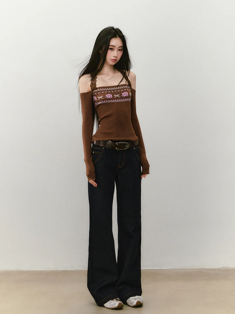 Lace Halter Two-way One-shoulder Sweater