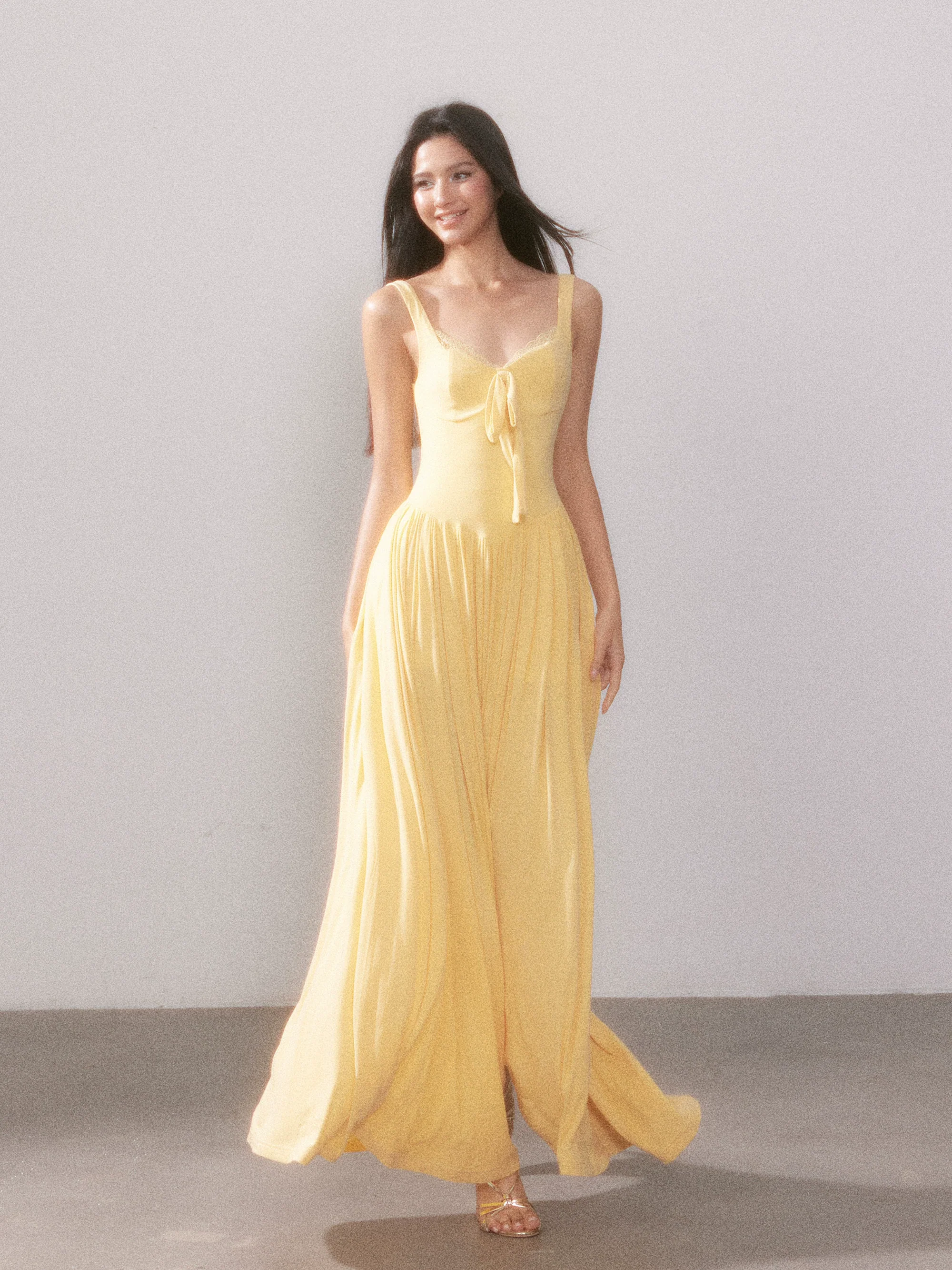 Lace Knit Spaghetti Strap Slit Long Dress