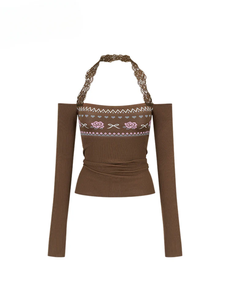 Lace Halter Two-way One-shoulder Sweater