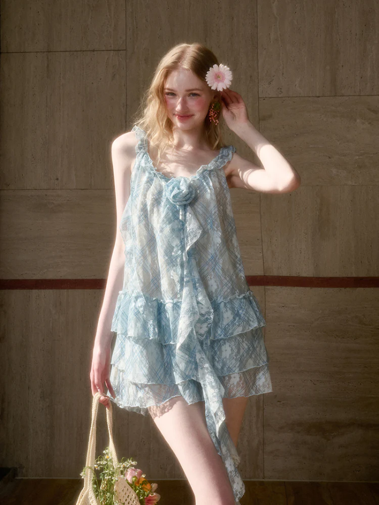 Lace Flower Ruffle Camisole Dress