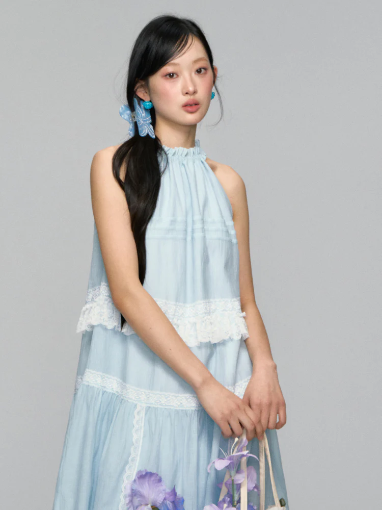 Halter Off-shoulder Lace-trimmed Dress