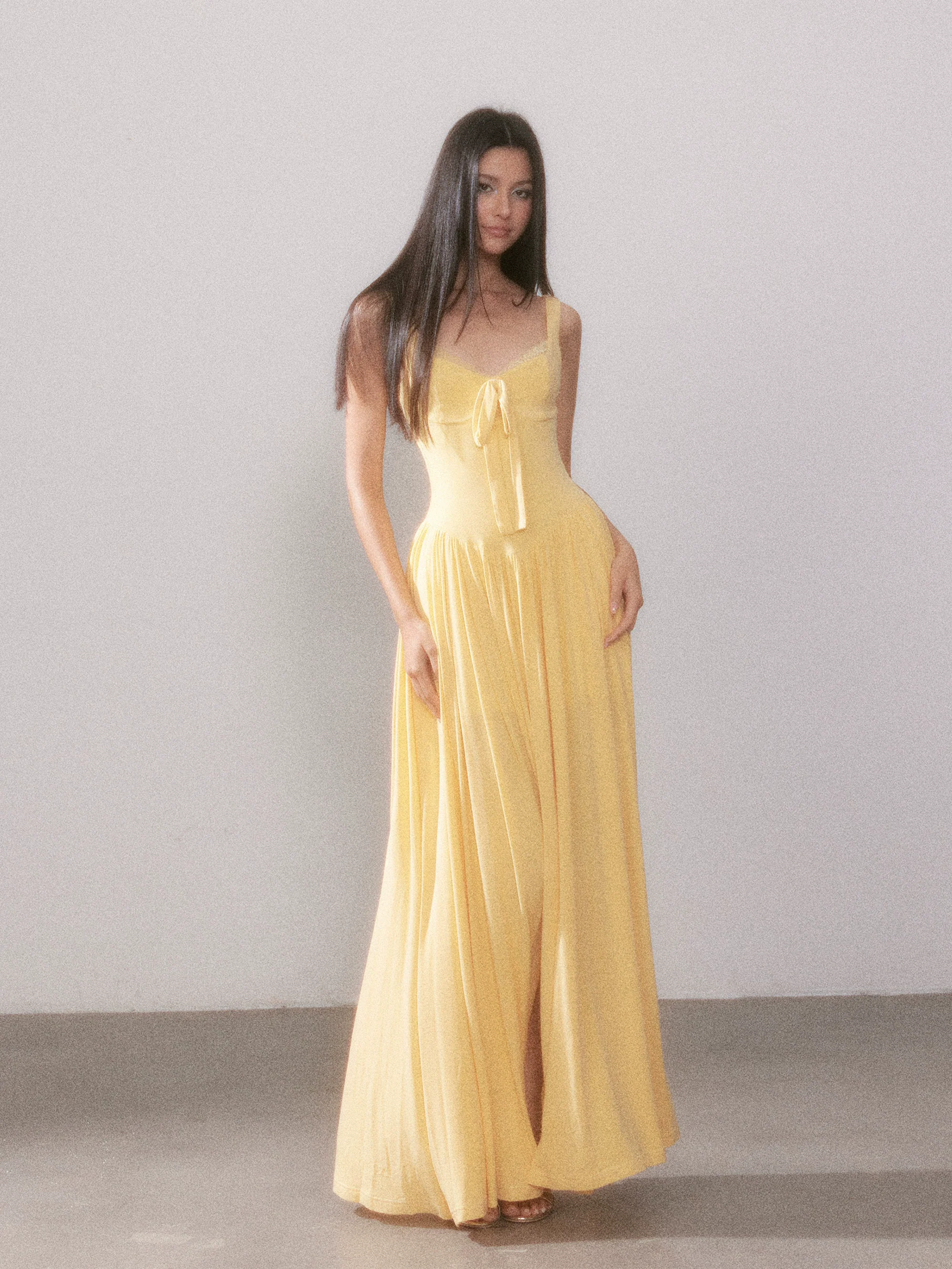 Lace Knit Spaghetti Strap Slit Long Dress