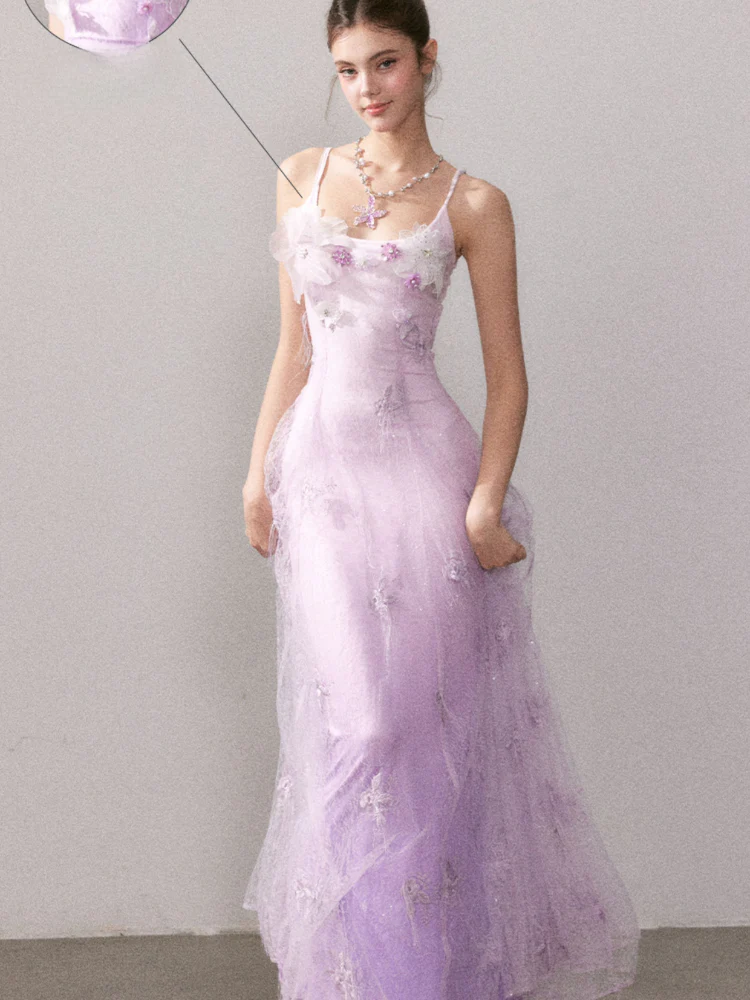 Light Purple Gradient Embroidered Bud Lace Long Dress