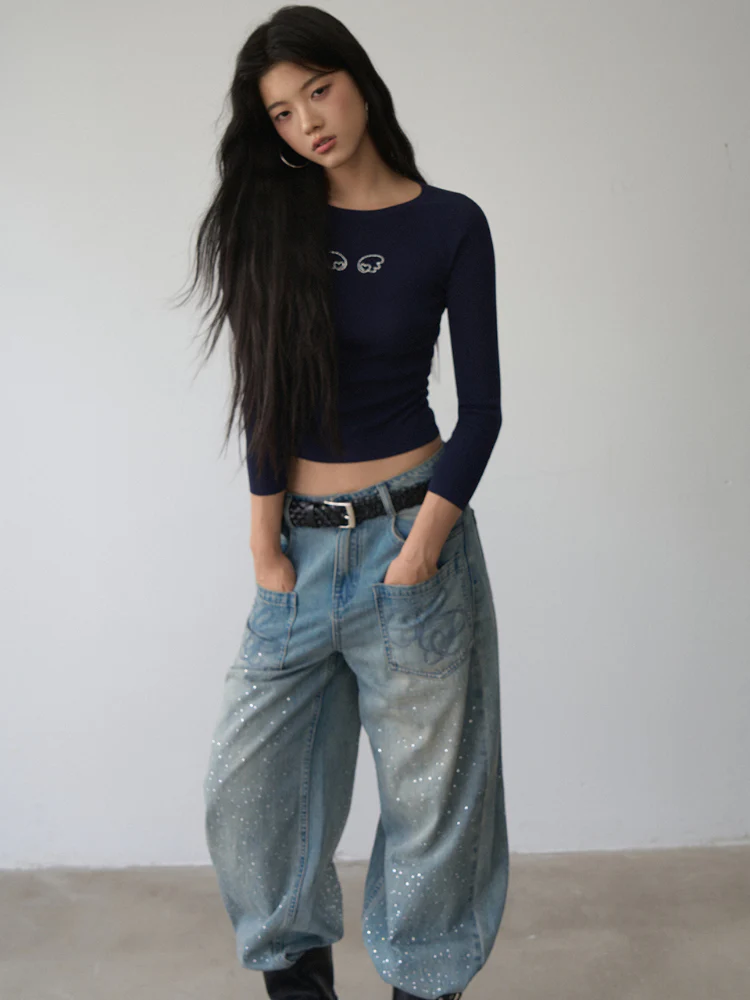 Rhinestone Heart Wings Slim Long-sleeved T-shirt