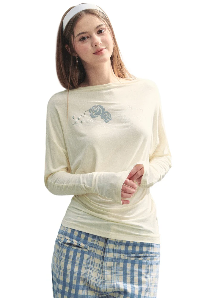 Floral Print Pleated Long-Sleeve T-shirt