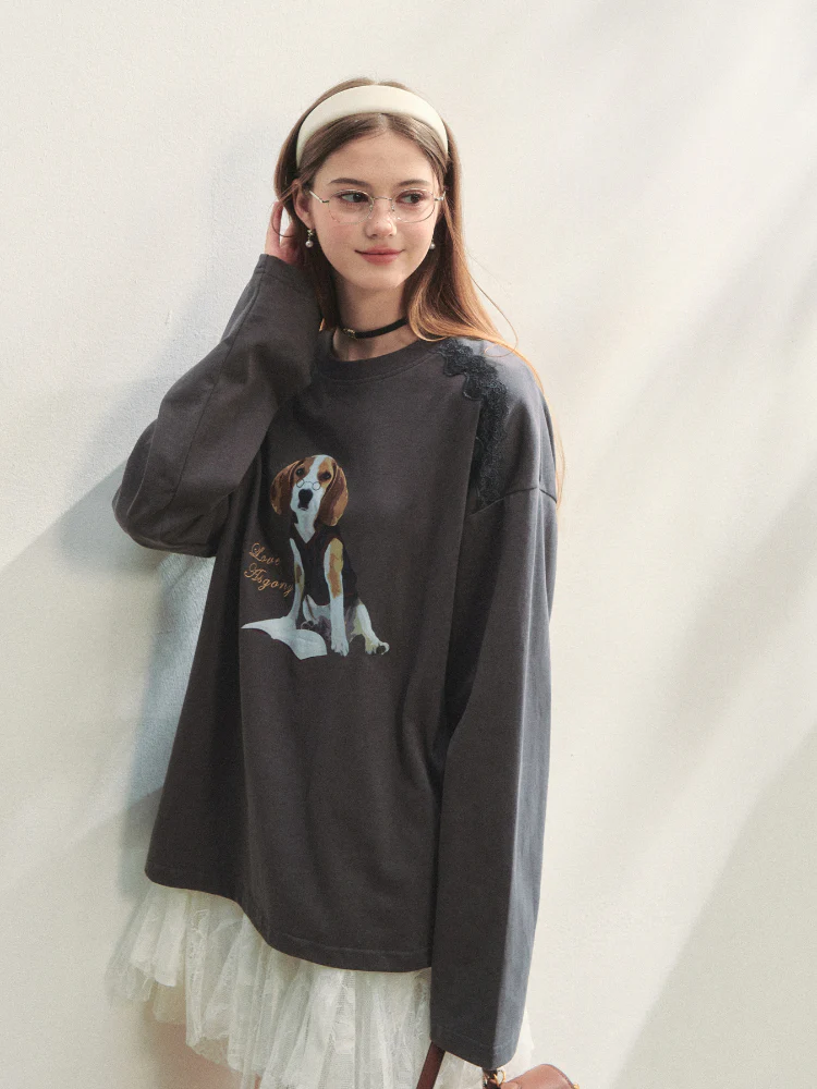 Lace Panel Dog Print Crew Neck Tee