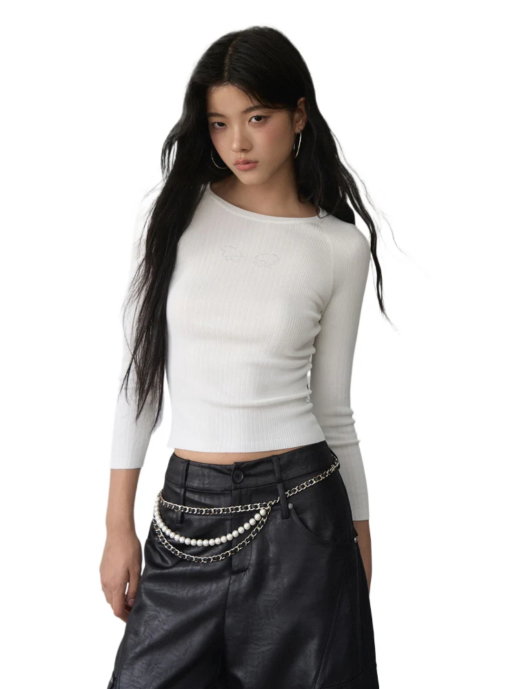 Rhinestone Heart Wings Slim Long-sleeved T-shirt