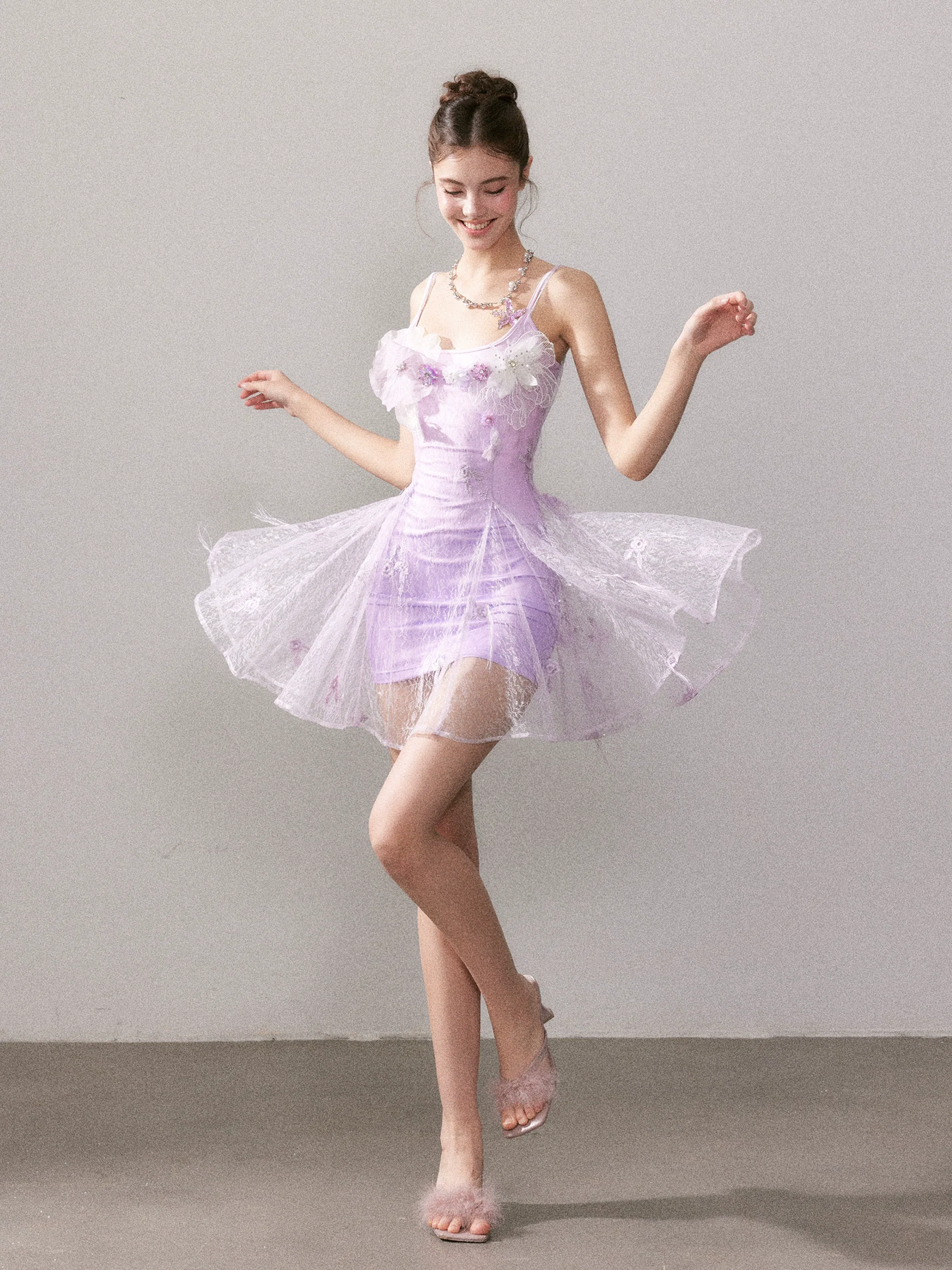 Purple Gradient Embroidered Lace Dress