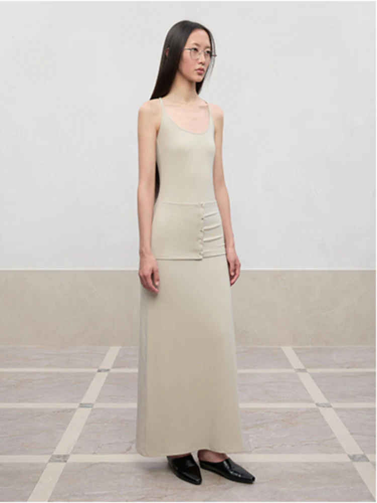 Deep U-Neck Button-Strapped Dress