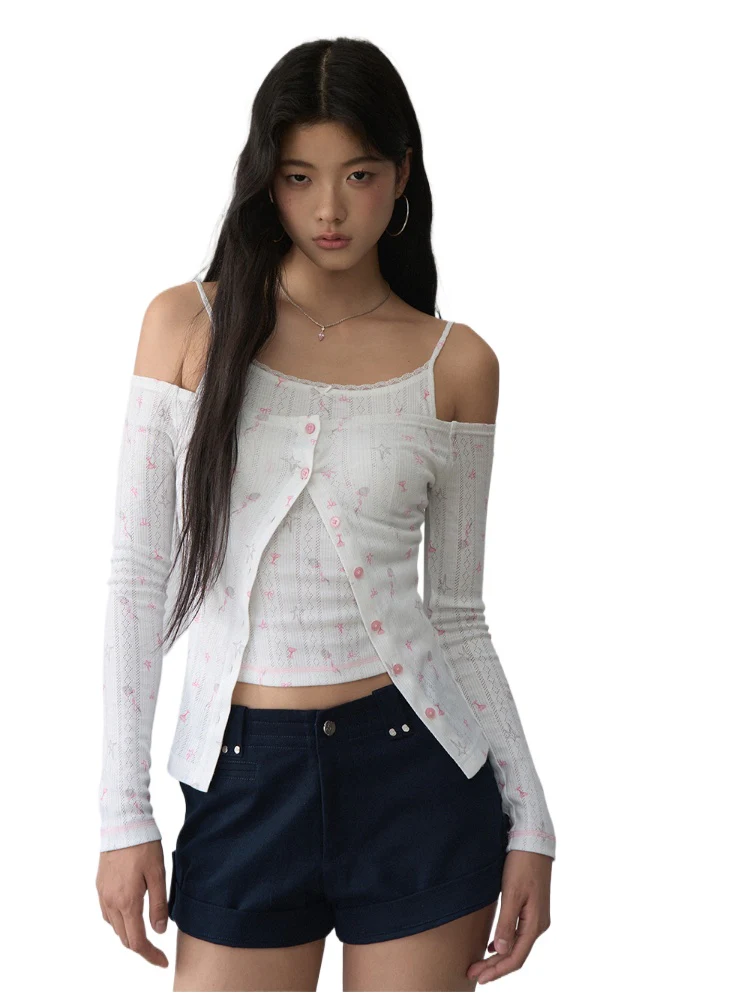 Printed Hollow-out Lace Trim One-Shoulder Top Set