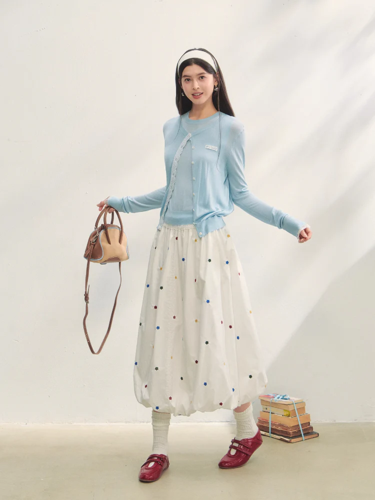 Lace Trimmed Crew Neck Knitted Cardigan Set