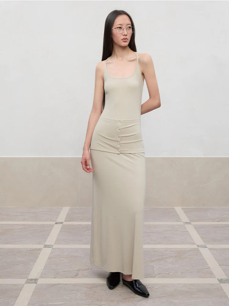 Deep U-Neck Button-Strapped Dress