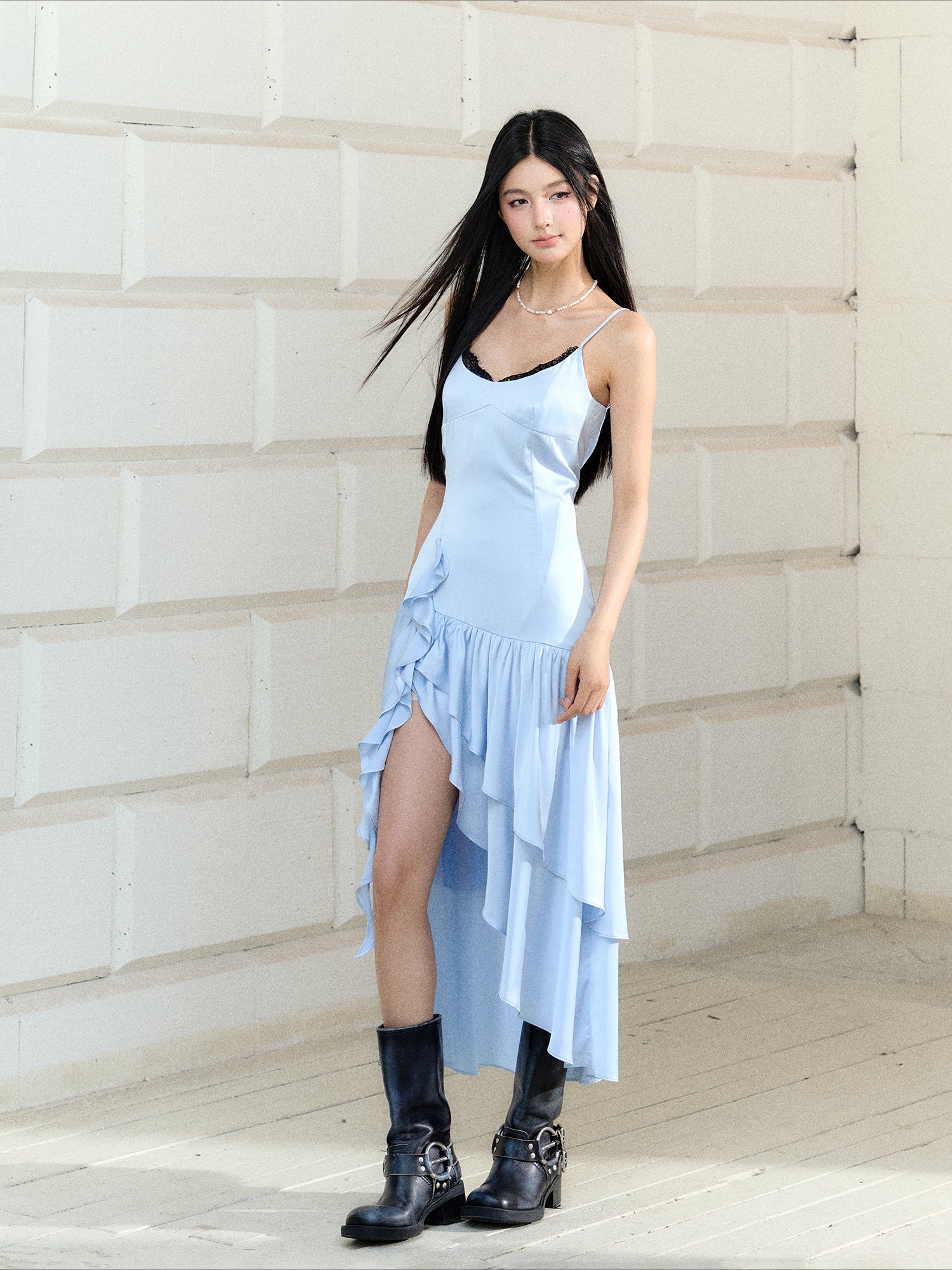 Blue Satin Lace Trim Dress