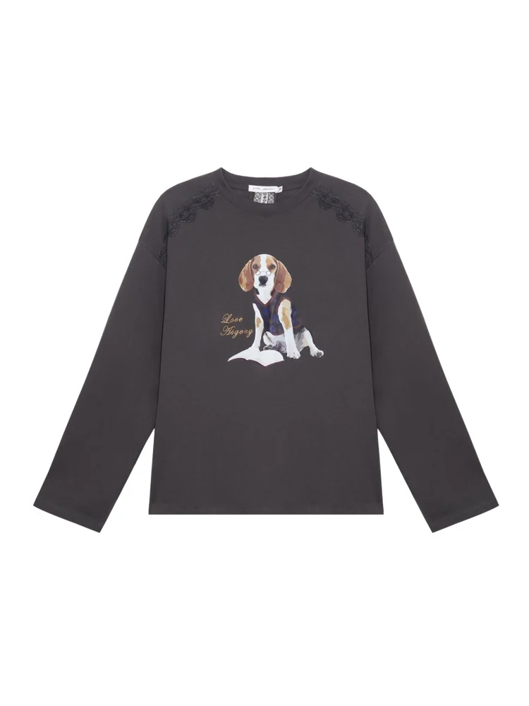 Lace Panel Dog Print Crew Neck Tee